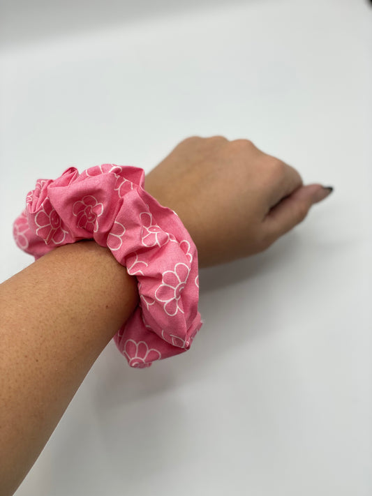 Pink Retro Smiley Flower Scrunchie