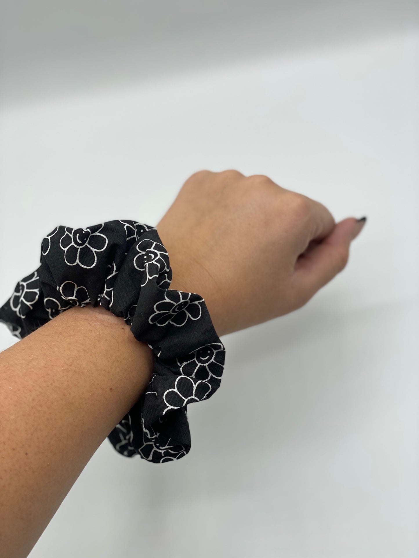 Black Retro Smiley Flower Scrunchie