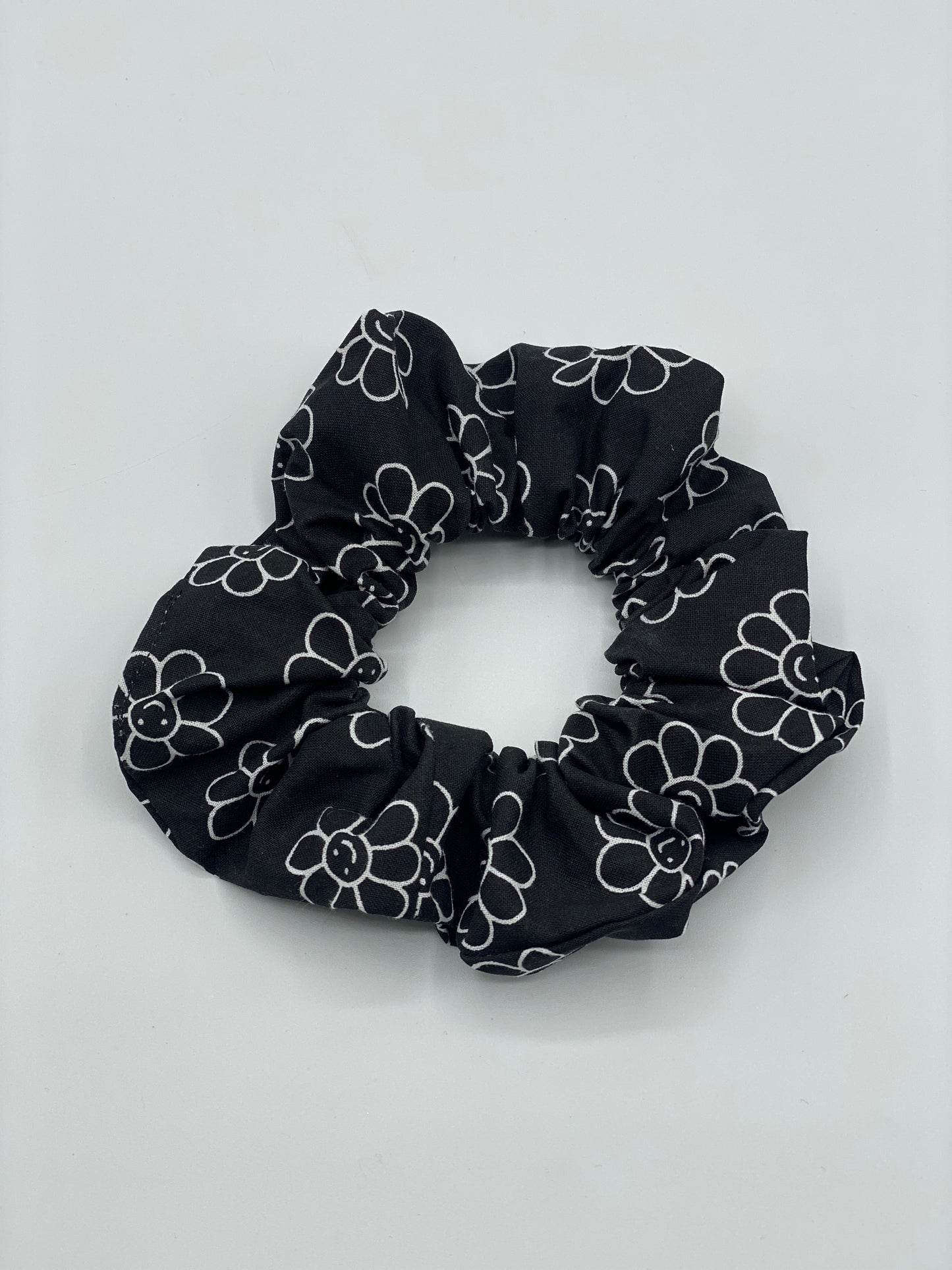 Black Retro Smiley Flower Scrunchie