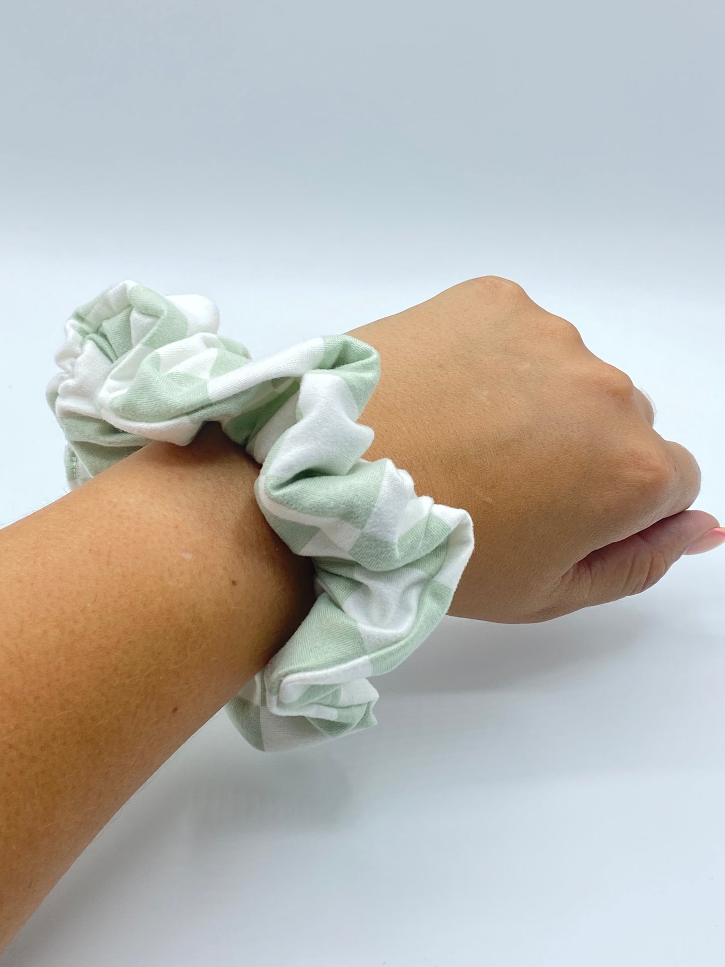 Sage and White Check Scrunchie